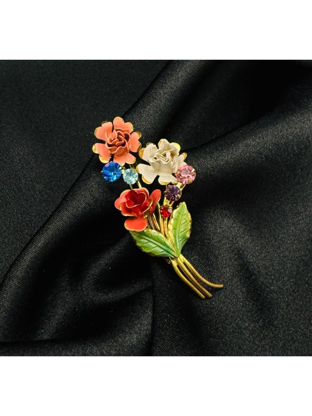 Vintage 1950s-1960s Made in Austria Signed Floral Brooch With Multicolor Rhinest